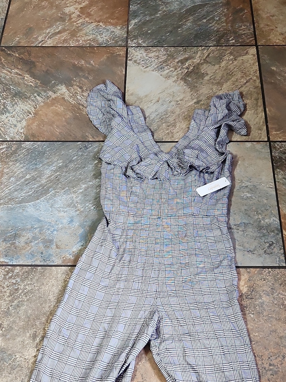 Laundry By Shelli Segal Gray Plaid Ruffle-Shoulder Jumpsuit